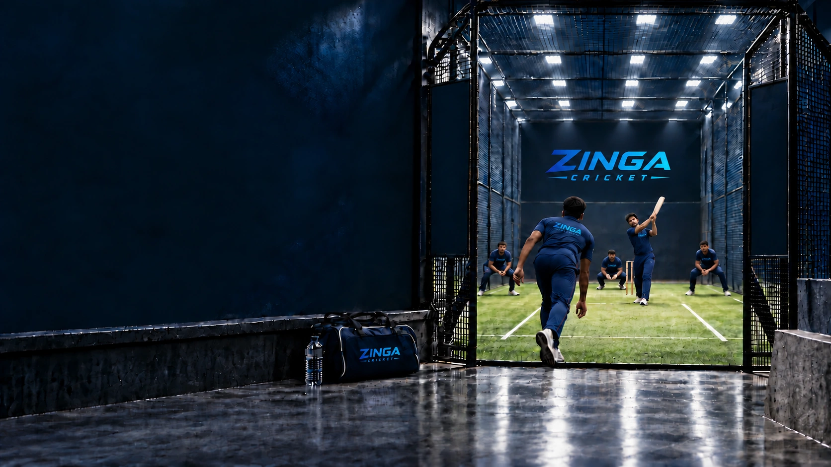 Players competing inside an illuminated Zinga indoor cricket court