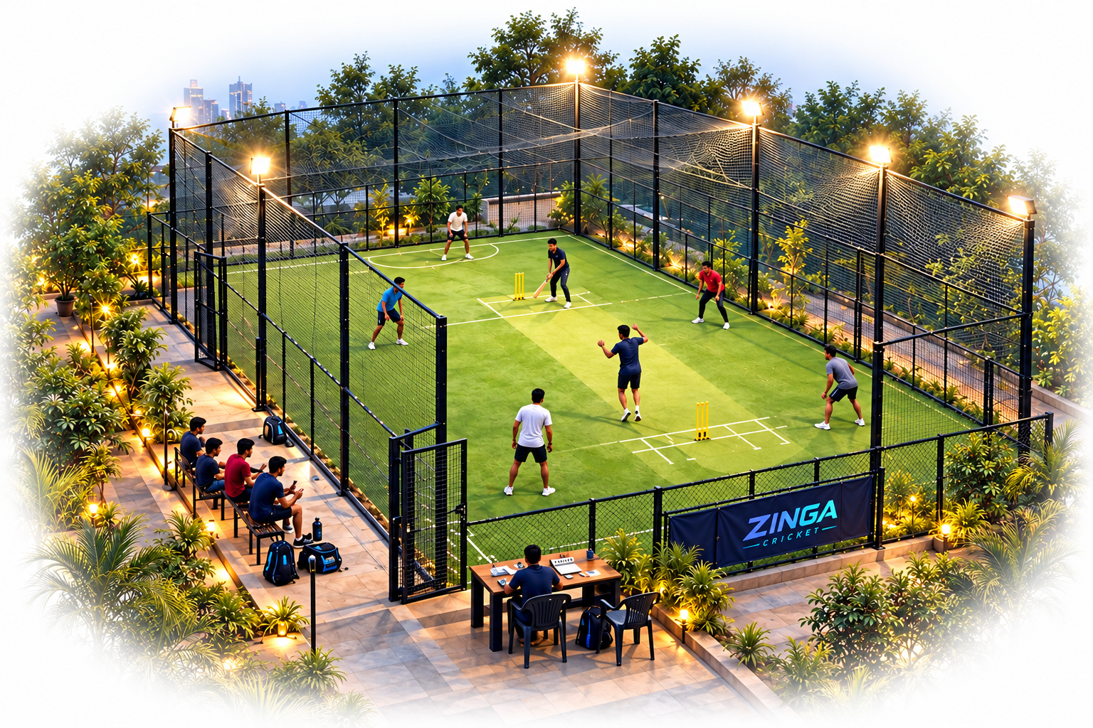 Players competing on a floodlit Zinga cricket court, with spectators and a scorer beside the ground.